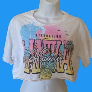 ---  White, Pink and Blue Crop Top Fits Size Medium or Large (Flaw)